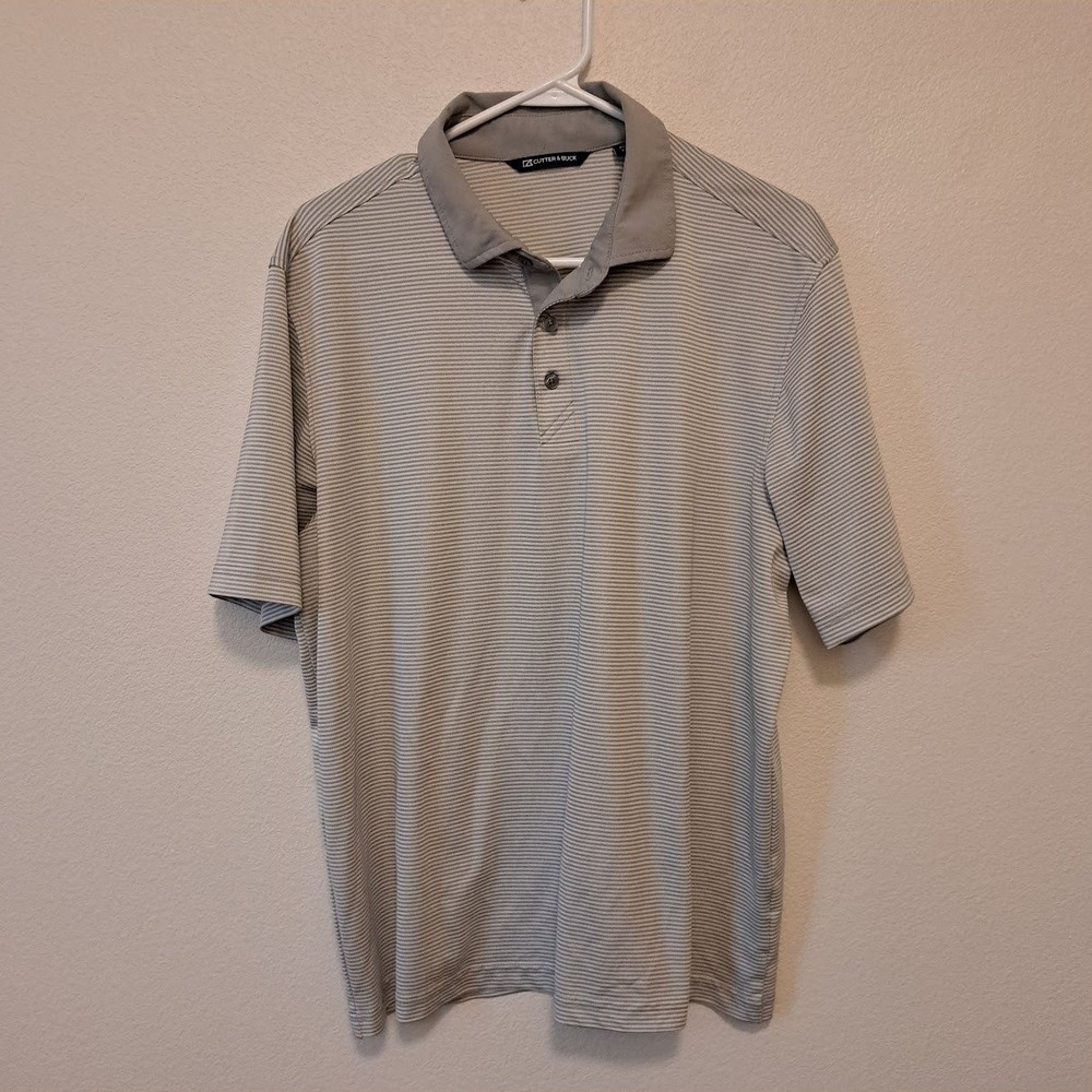 Cutter & Buck Mens Large Grey Striped Short Sleeve Golf Polo Shirt Stretch